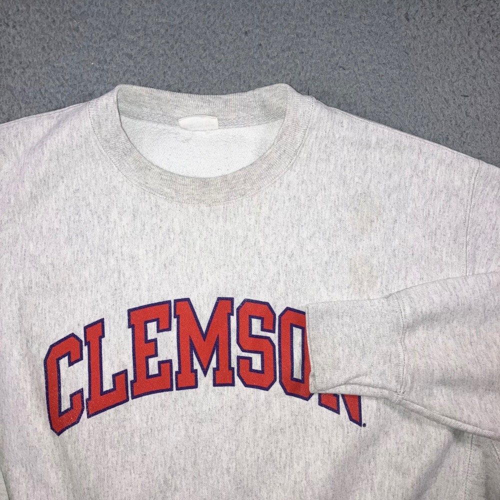 Vtg Champion Clemson University Sweatshirt L Gray Reverse Weave Thrashed Flaws